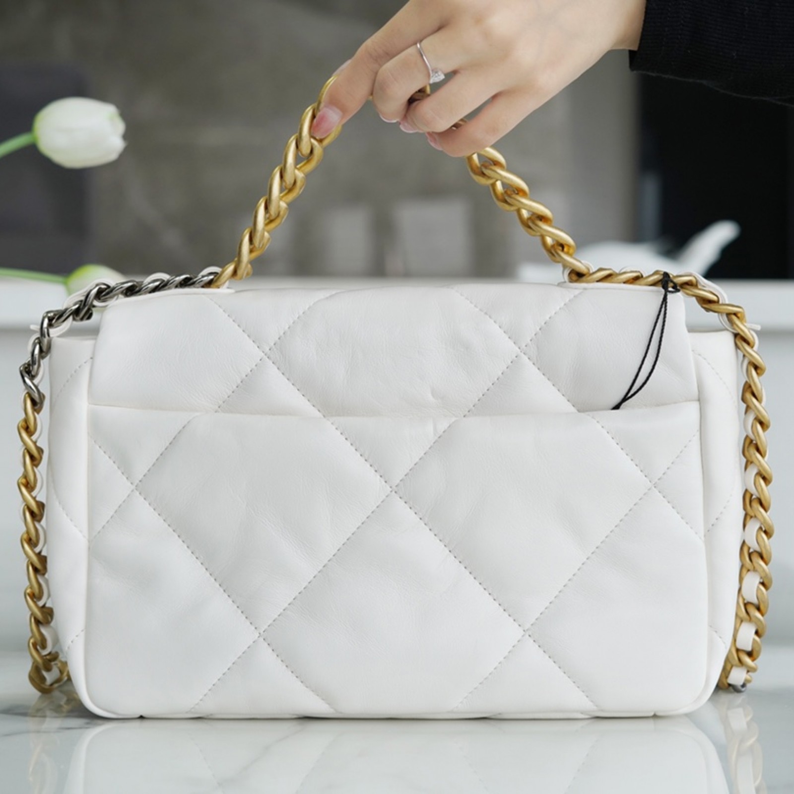 CHANEL 19 SMALL WHITE LAMBSKIN BAG