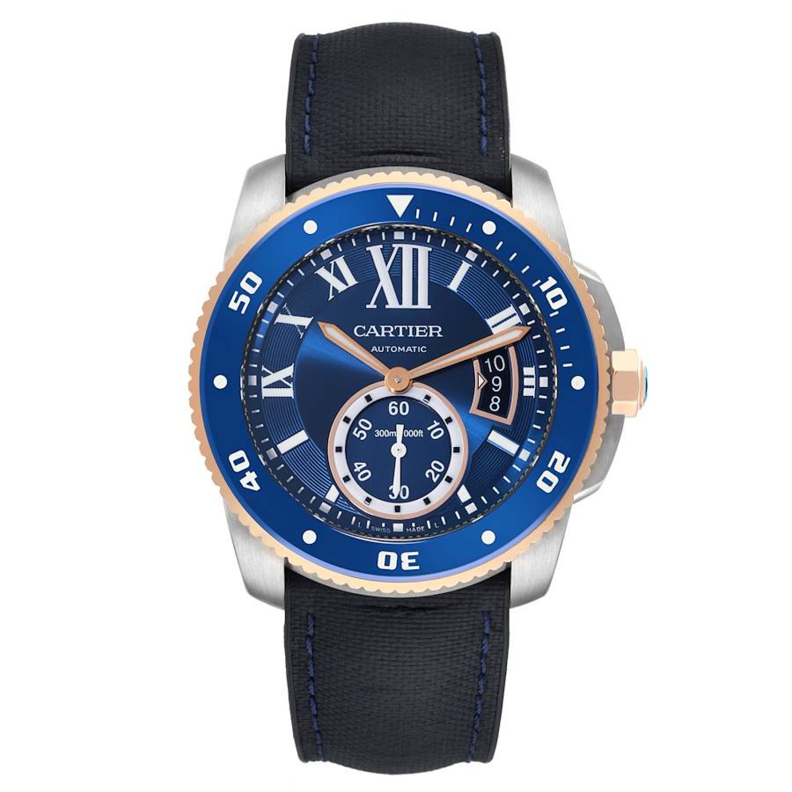 Cartier Calibre Diver Steel Rose Gold Blue Dial Mens Watch W2CA0008