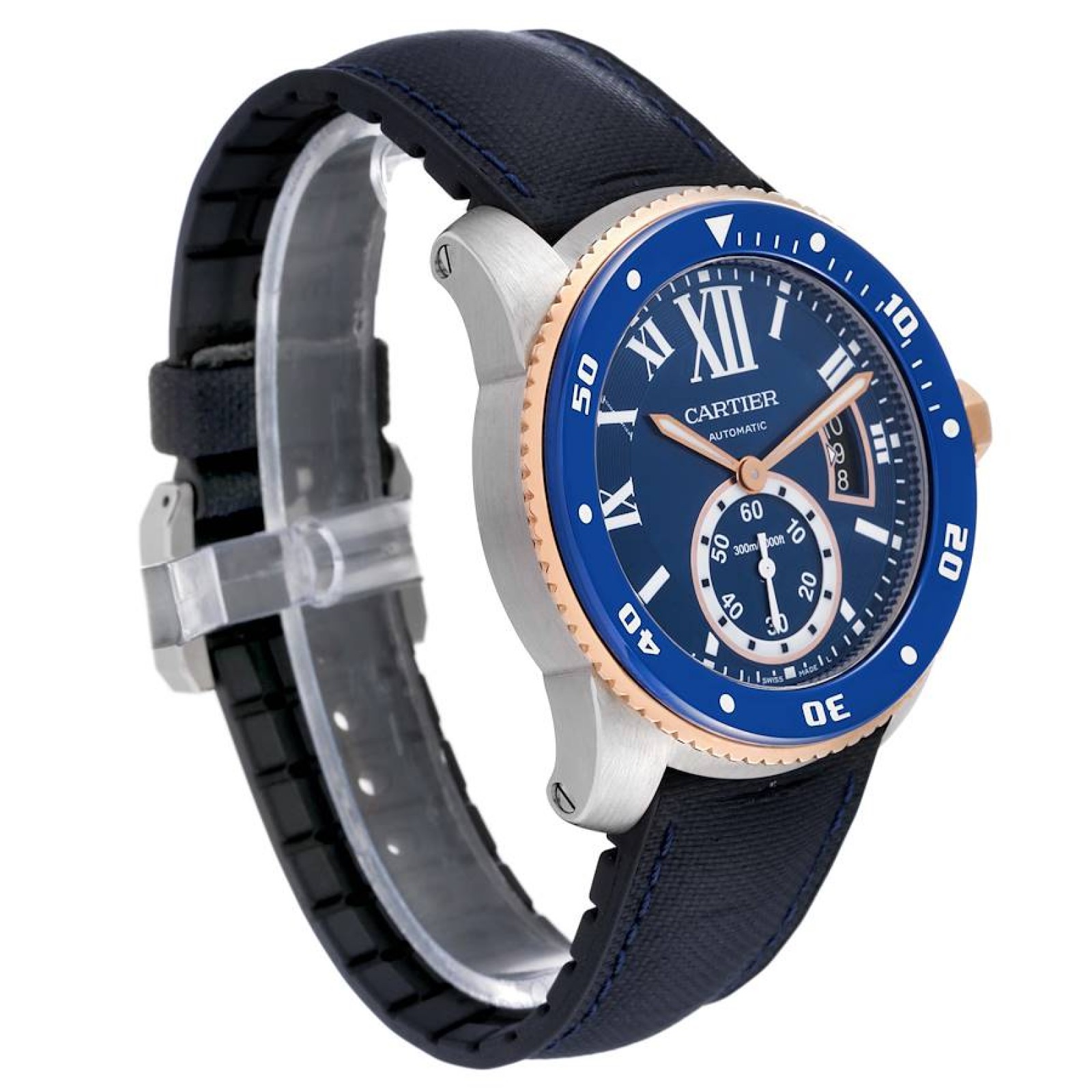 Cartier Calibre Diver Steel Rose Gold Blue Dial Mens Watch W2CA0008