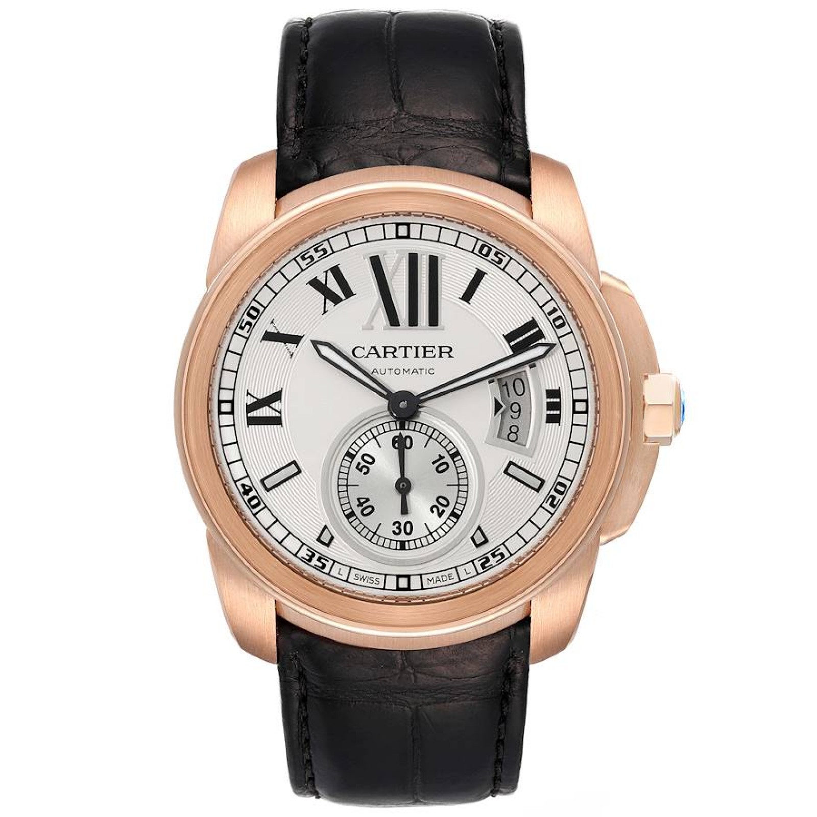 Cartier Calibre Rose Gold Silver Dial Mens Watch W7100009