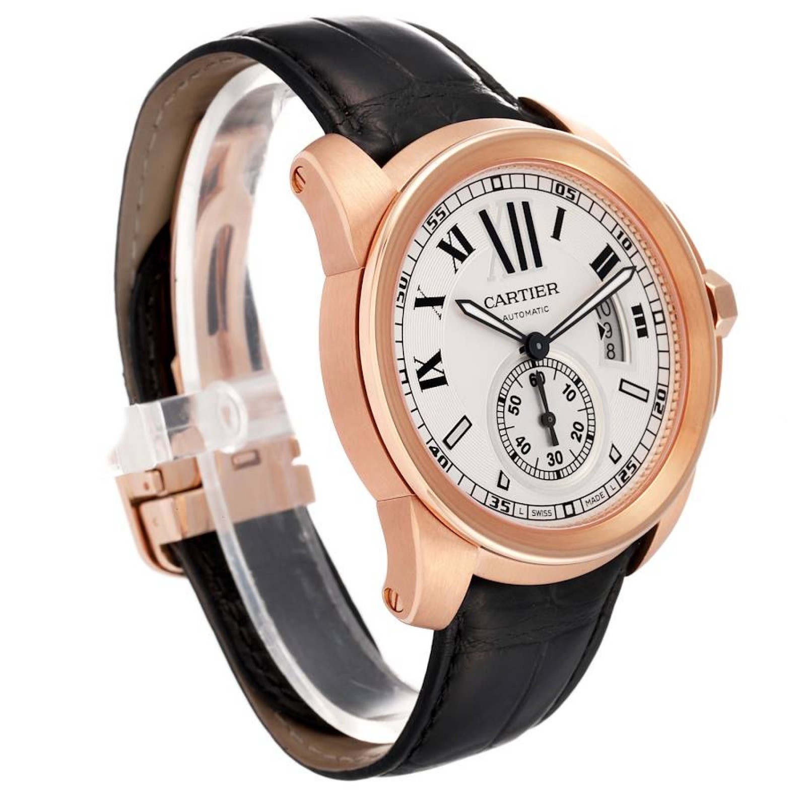 Cartier Calibre Rose Gold Silver Dial Mens Watch W7100009