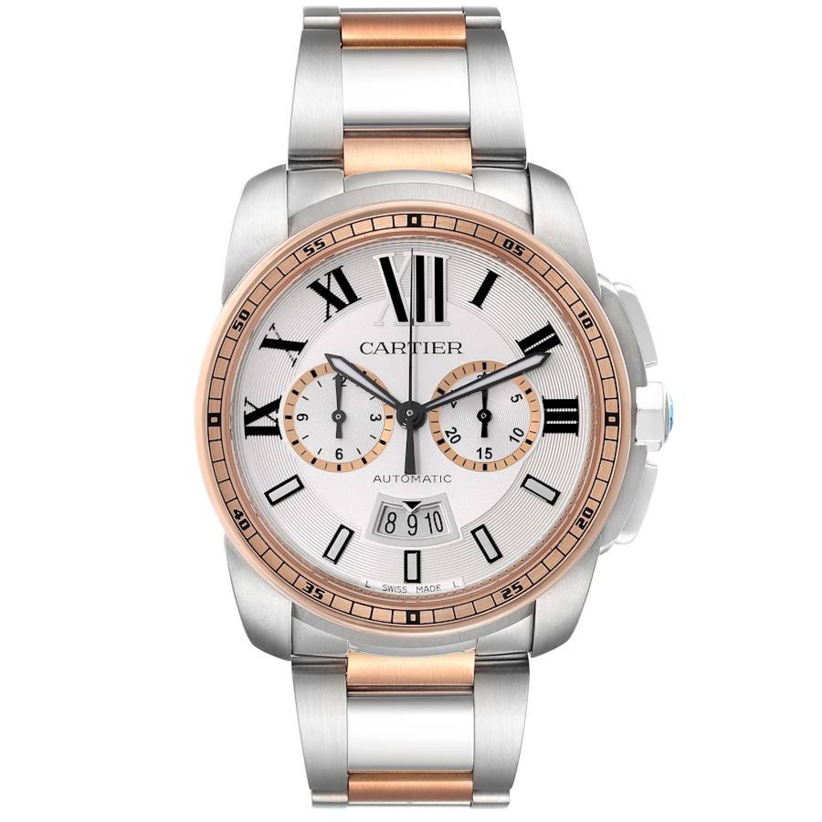 Cartier Calibre Chronograph Steel Rose Gold Mens Watch W7100042