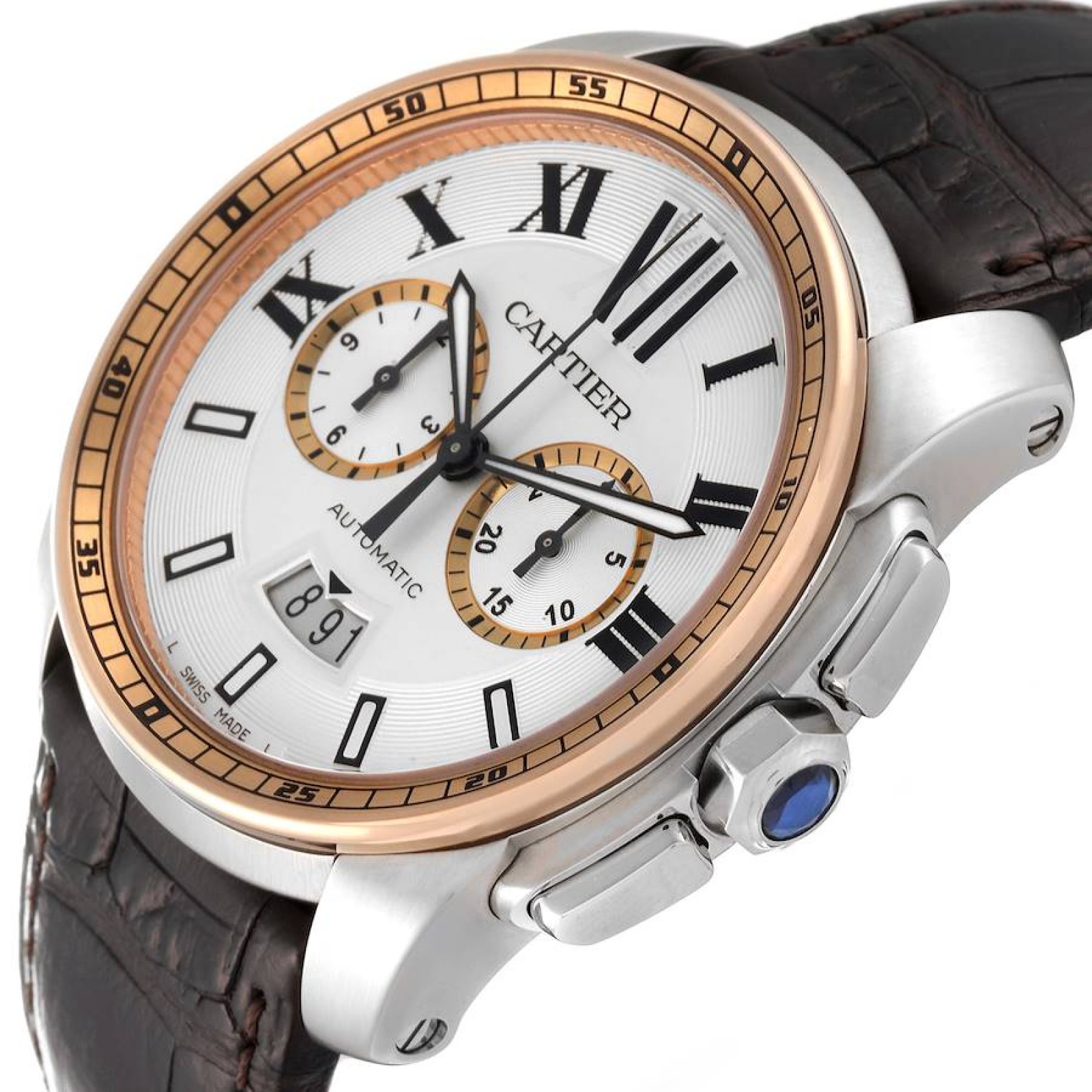 Cartier Calibre Chronograph Steel Rose Gold Mens Watch W7100043