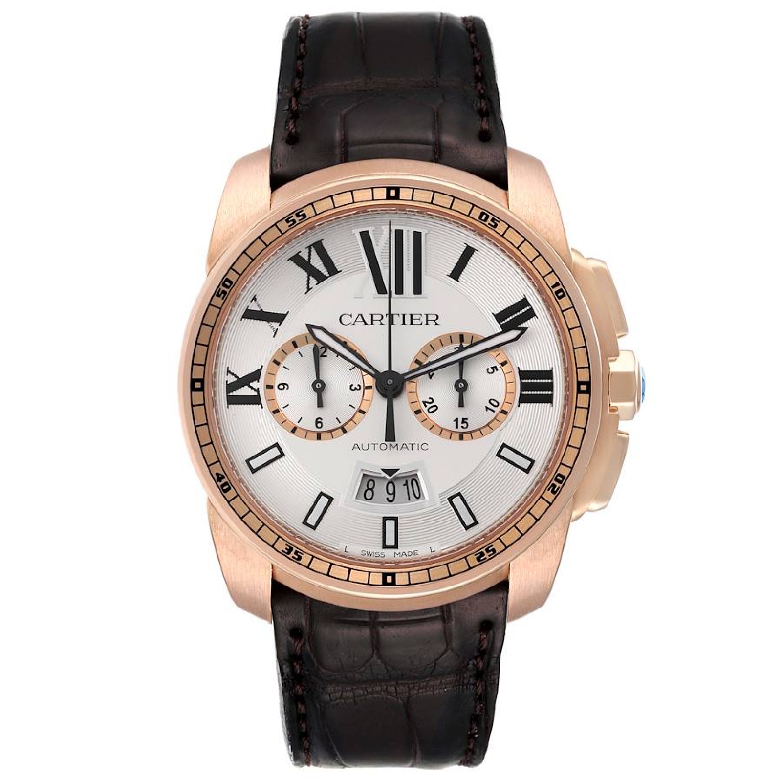 Cartier Calibre Silver Dial Rose Gold Chronograph Mens Watch W7100044