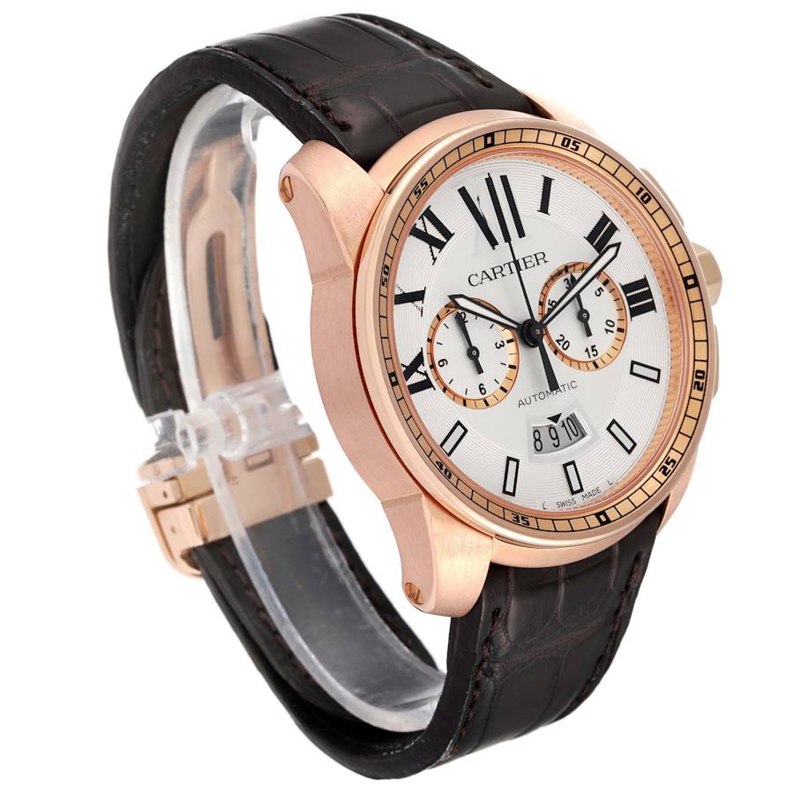 Cartier Calibre Silver Dial Rose Gold Chronograph Mens Watch W7100044