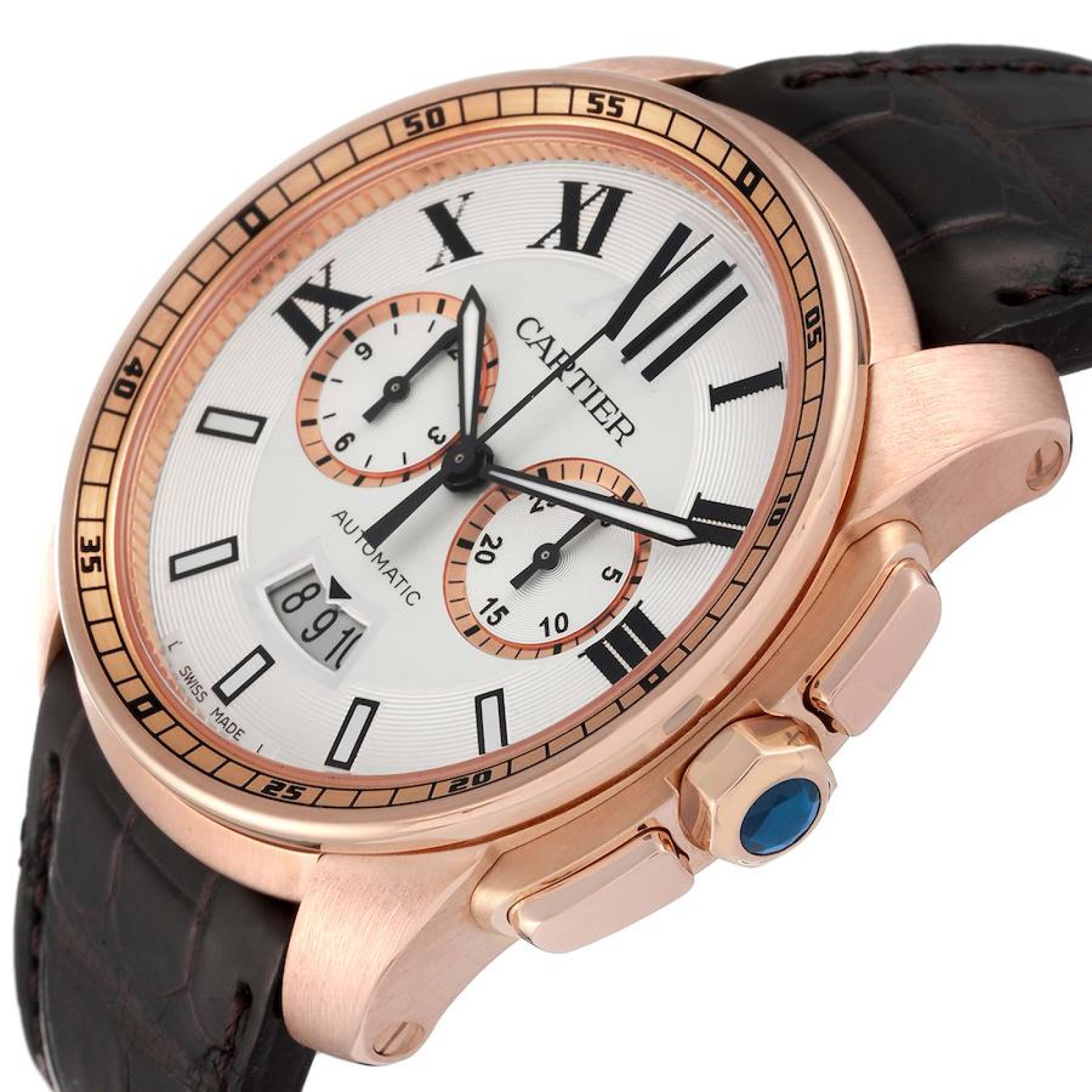 Cartier Calibre Silver Dial Rose Gold Chronograph Mens Watch W7100044