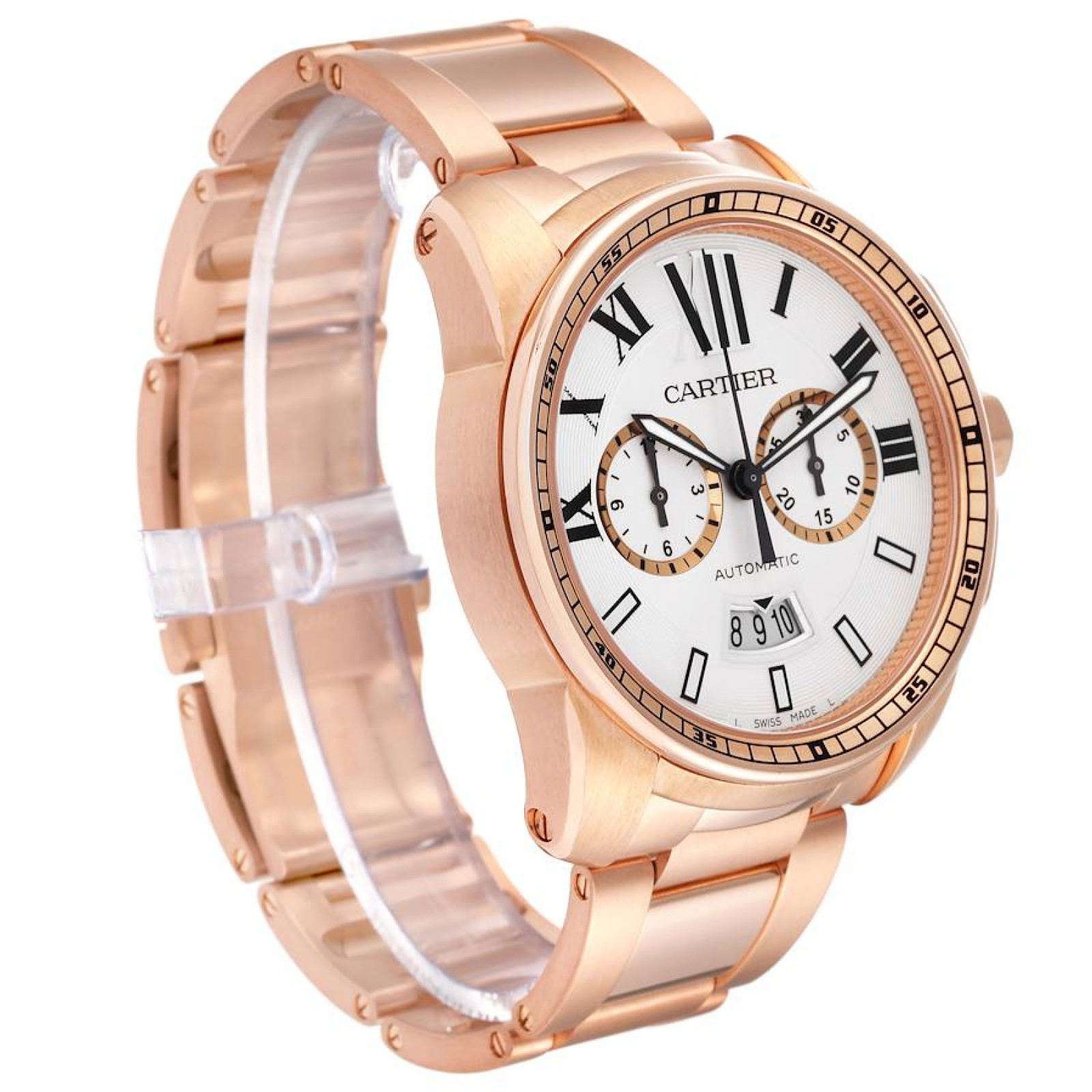 Cartier Calibre Silver Dial Rose Gold Chronograph Mens Watch W7100047