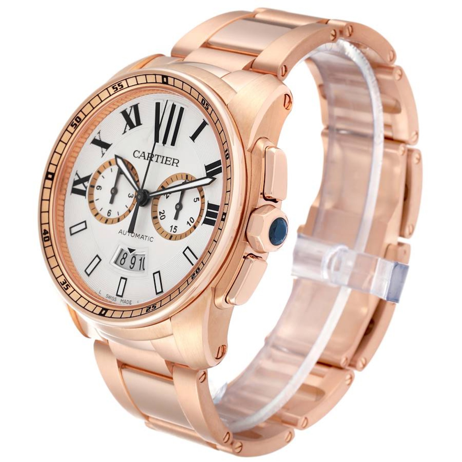 Cartier Calibre Silver Dial Rose Gold Chronograph Mens Watch W7100047