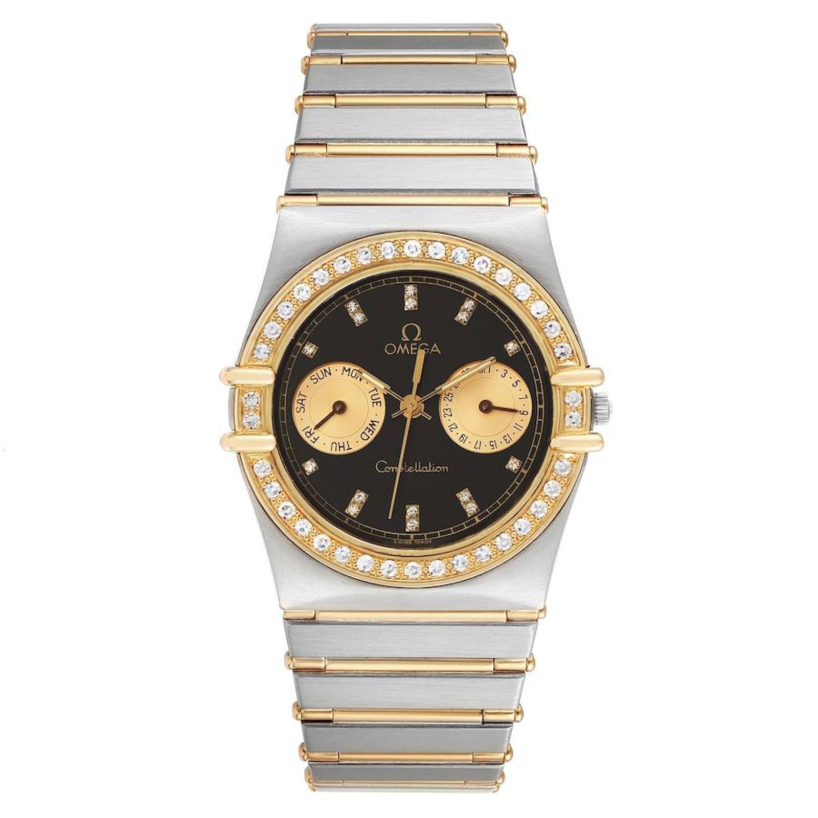 Omega Constellation Day Date Steel Yellow Gold Diamond Mens Watch