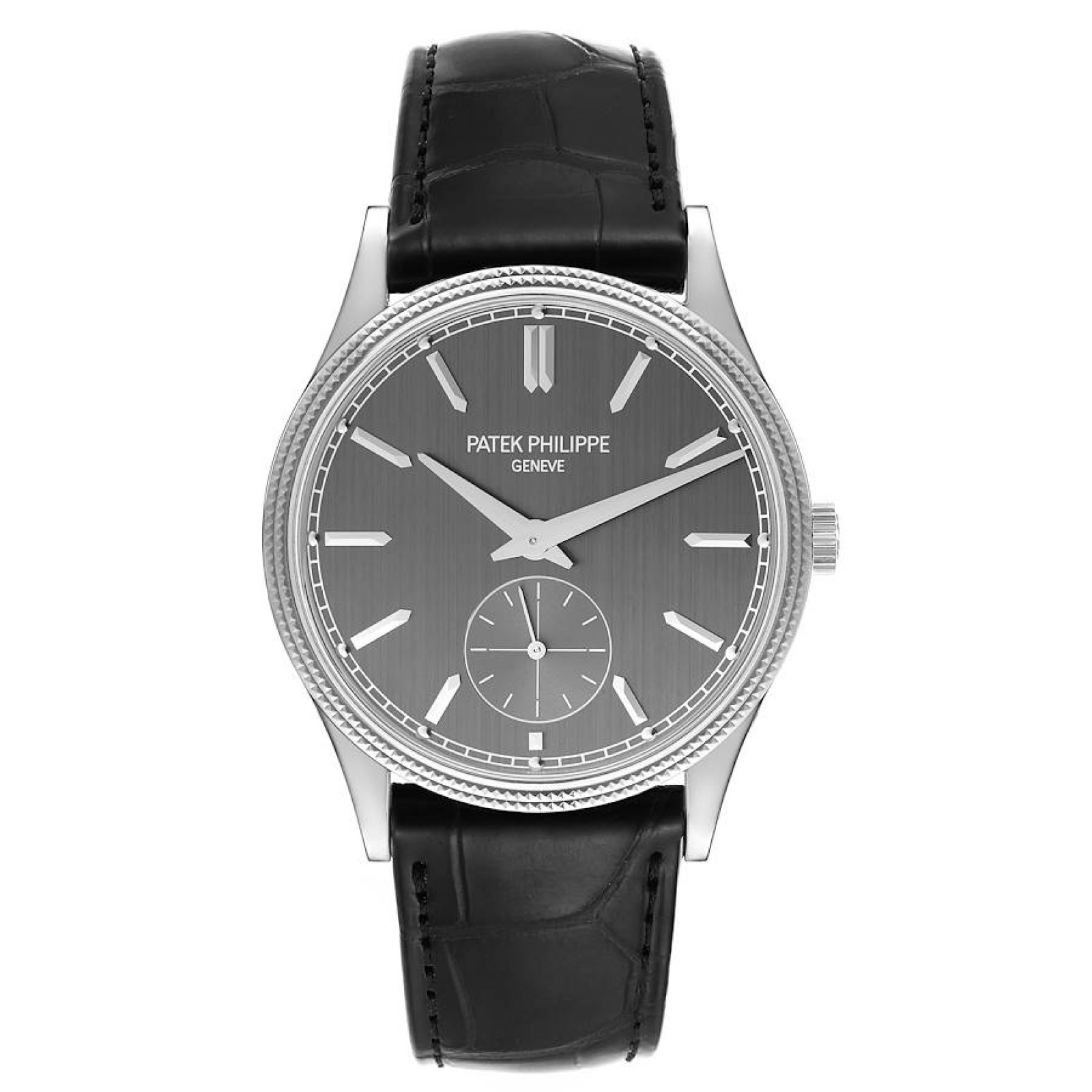 Patek Philippe Calatrava White Gold Black Strap Mens Watch 6119