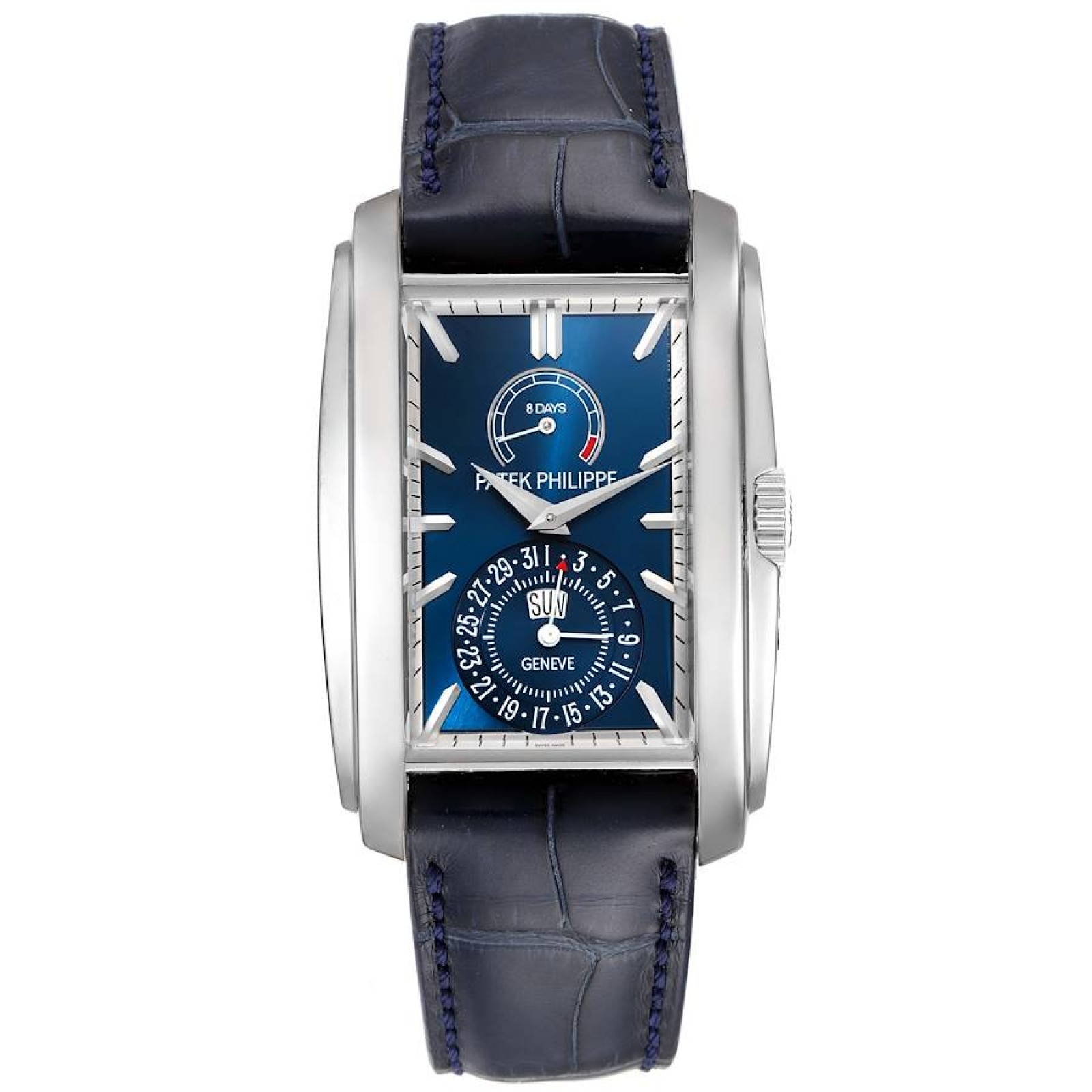 Patek Philippe Gondolo Day Date White Gold Blue Dial Mens Watch 5200 5200G