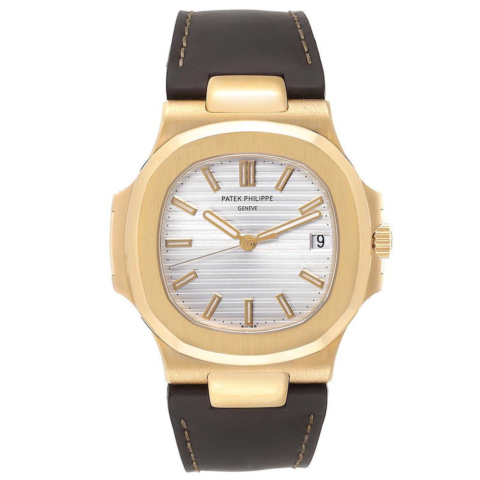 Patek Philippe Nautilus 18K Yellow Gold Brown Strap Mens Watch 5711