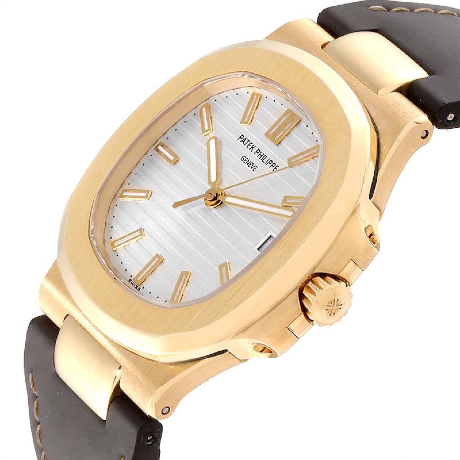 Patek Philippe Nautilus 18K Yellow Gold Brown Strap Mens Watch 5711