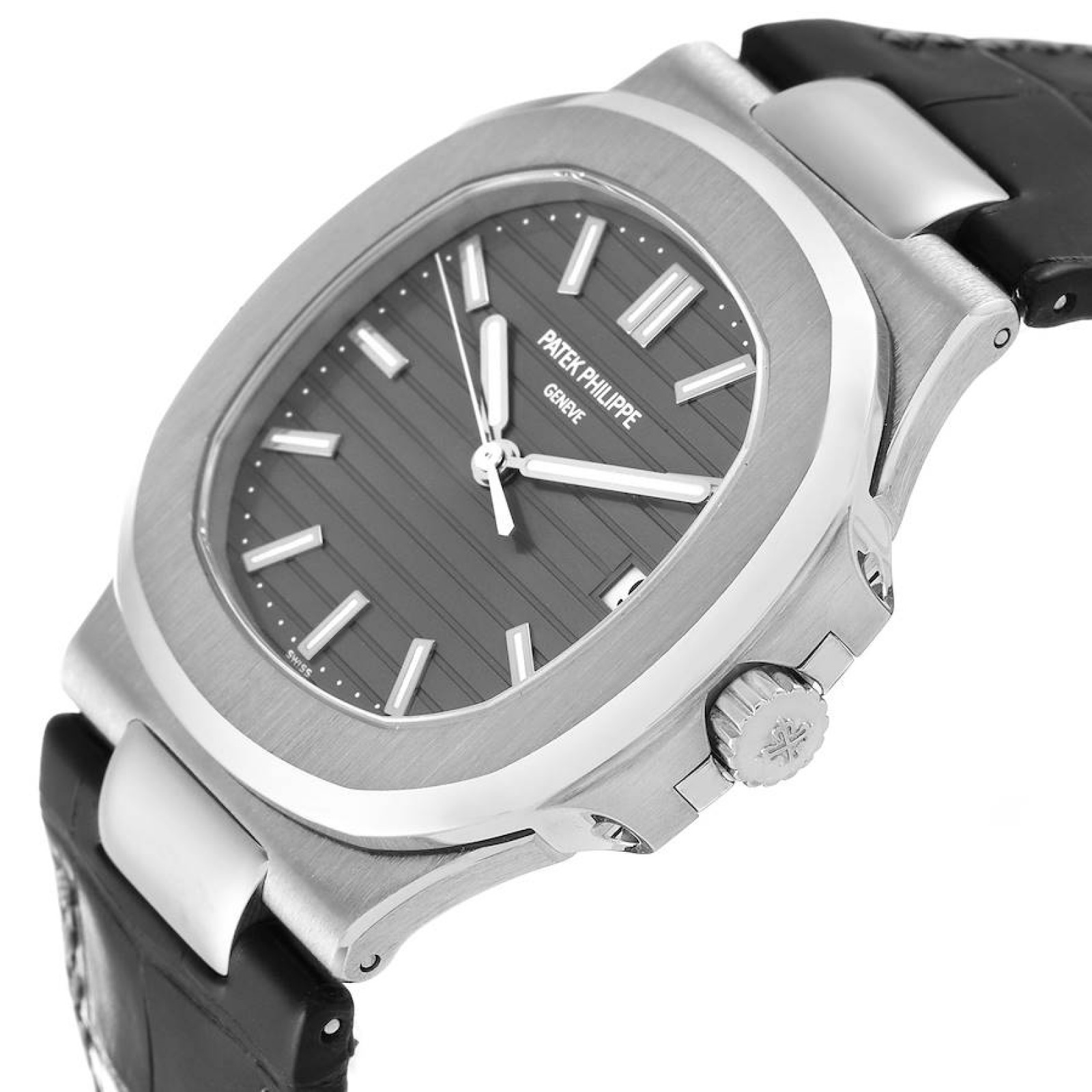 Patek Philippe Nautilus 18K White Gold Black Strap Mens Watch 5711