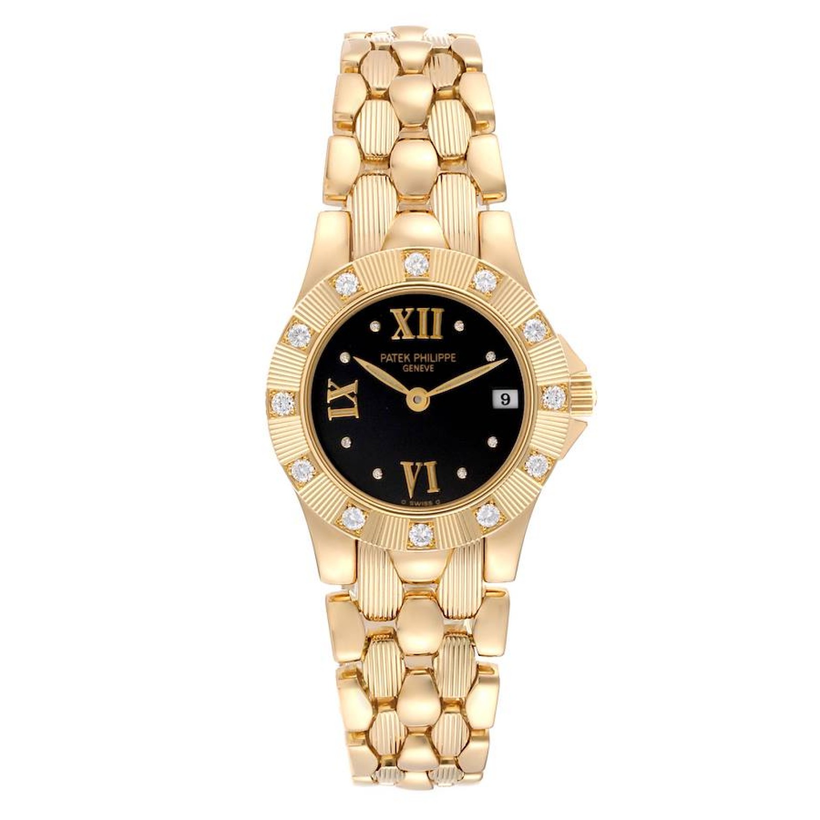 Patek Philippe Neptune Yellow Gold Black Dial Diamond Ladies Watch 4881