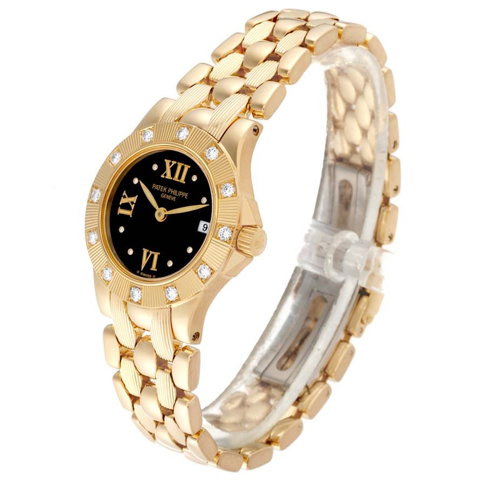 Patek Philippe Neptune Yellow Gold Black Dial Diamond Ladies Watch 4881