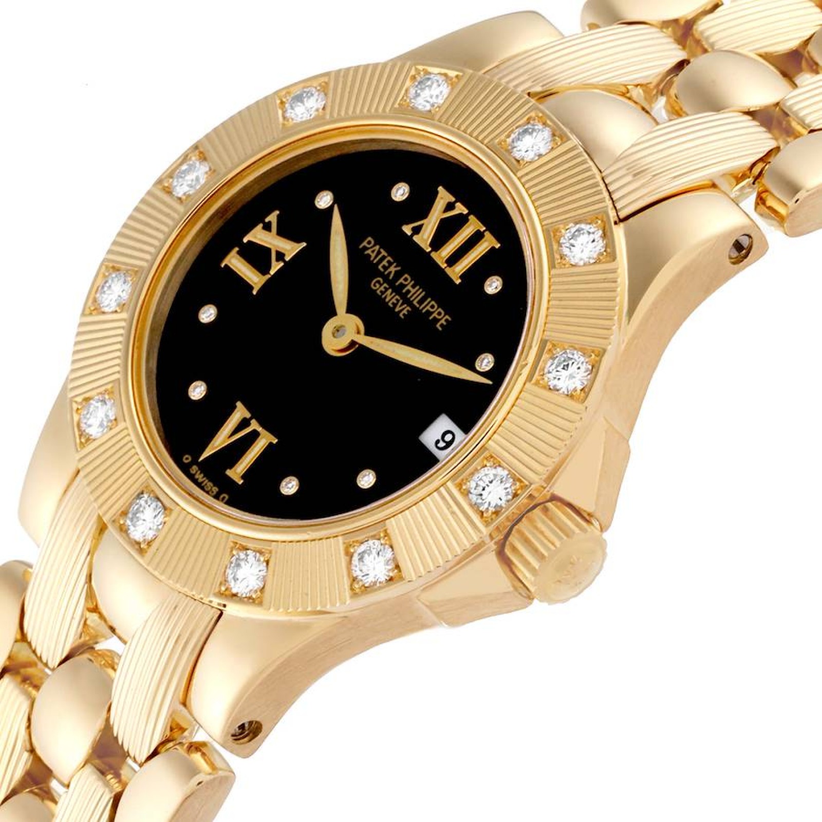 Patek Philippe Neptune Yellow Gold Black Dial Diamond Ladies Watch 4881