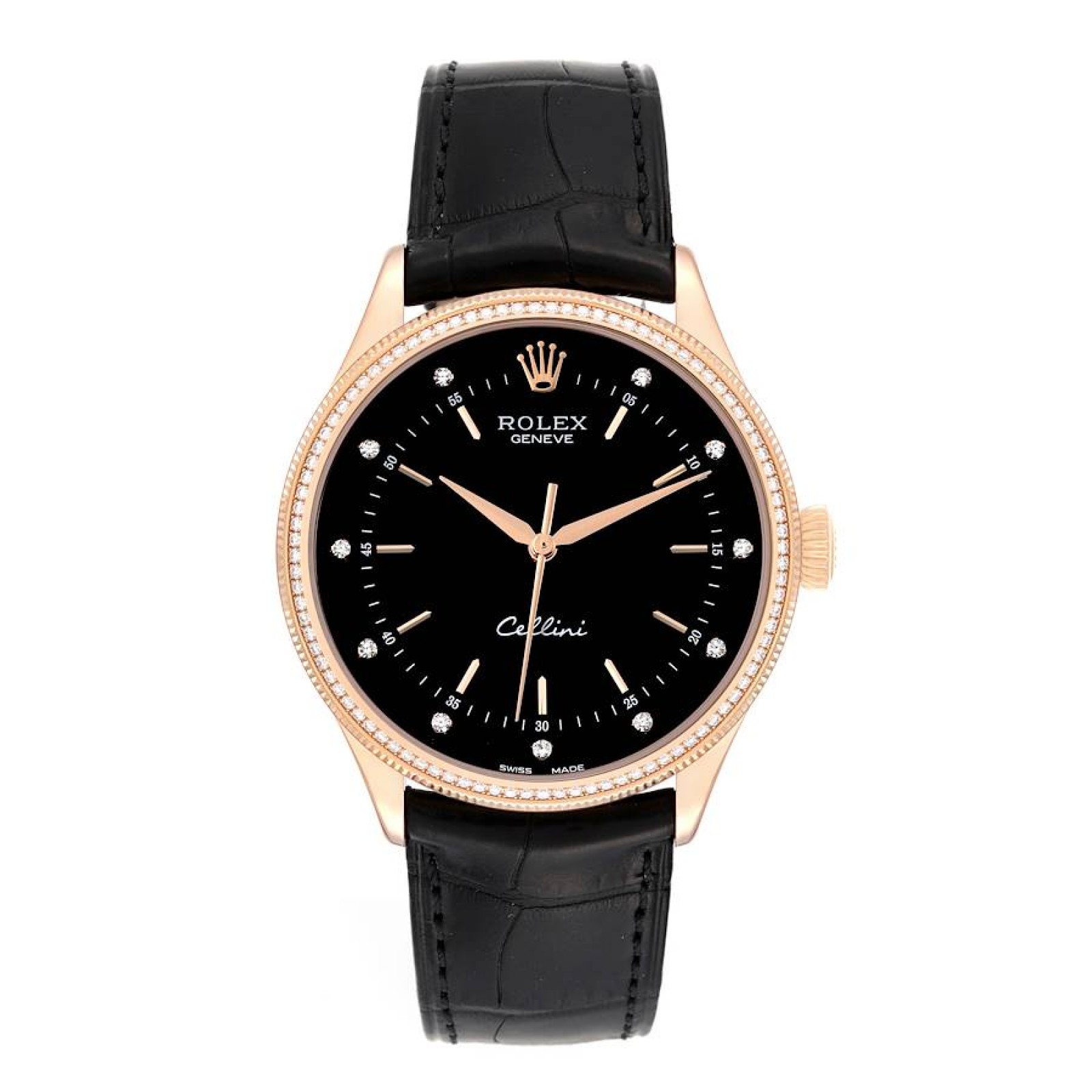 Rolex Cellini Time Rose Gold Black Dial Diamond Mens Watch 50605