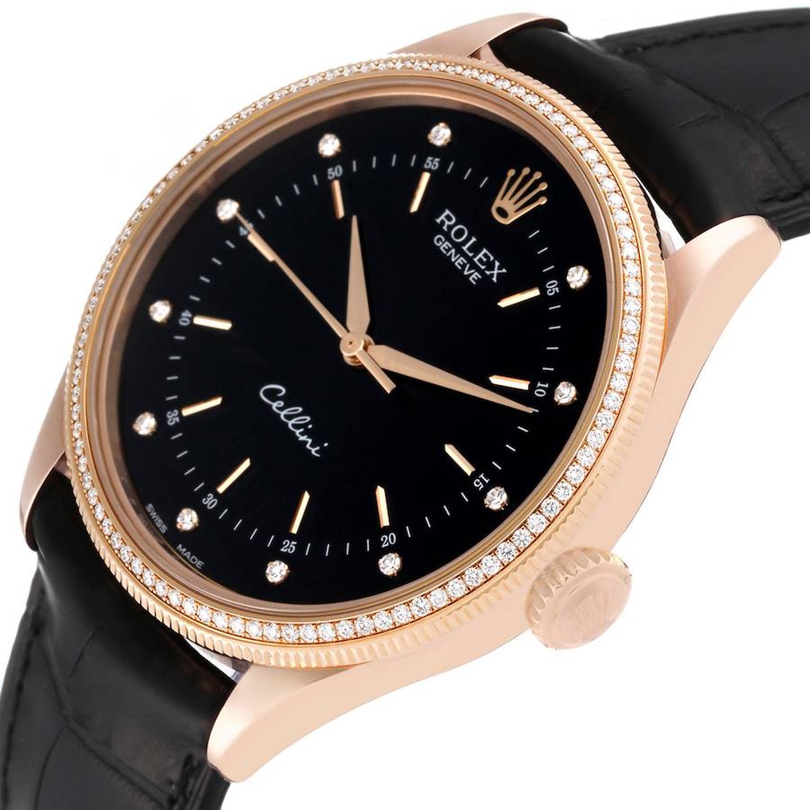 Rolex Cellini Time Rose Gold Black Dial Diamond Mens Watch 50605