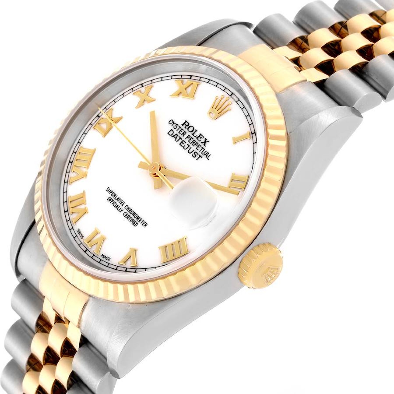 Rolex Datejust White Roman Dial Steel Yellow Gold Mens Watch 16233