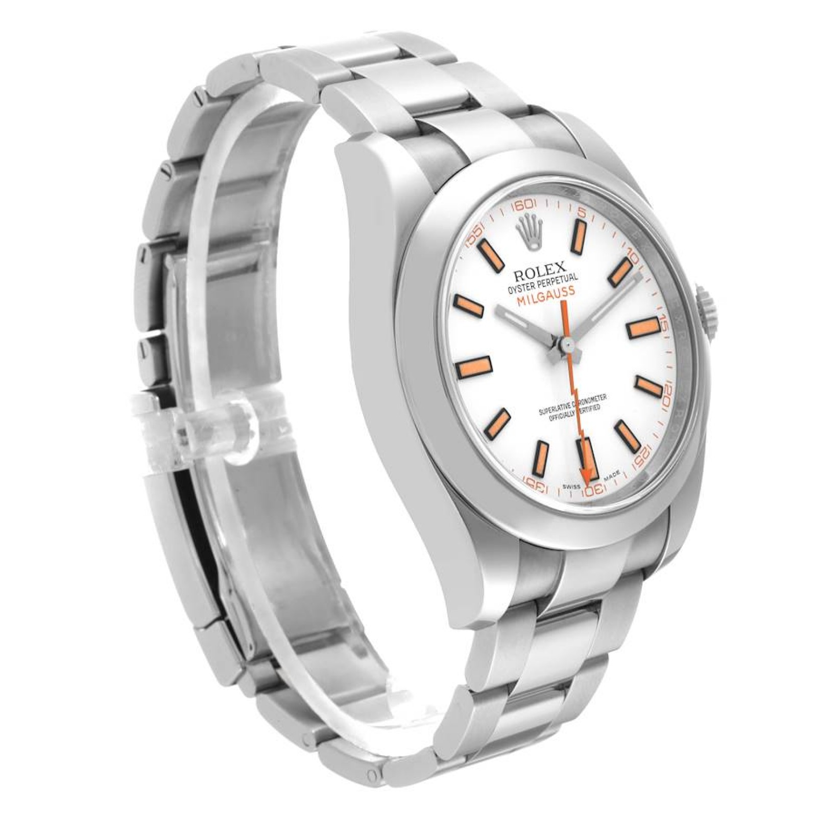 Rolex Milgauss White Dial Orange Markers Steel Mens Watch 116400