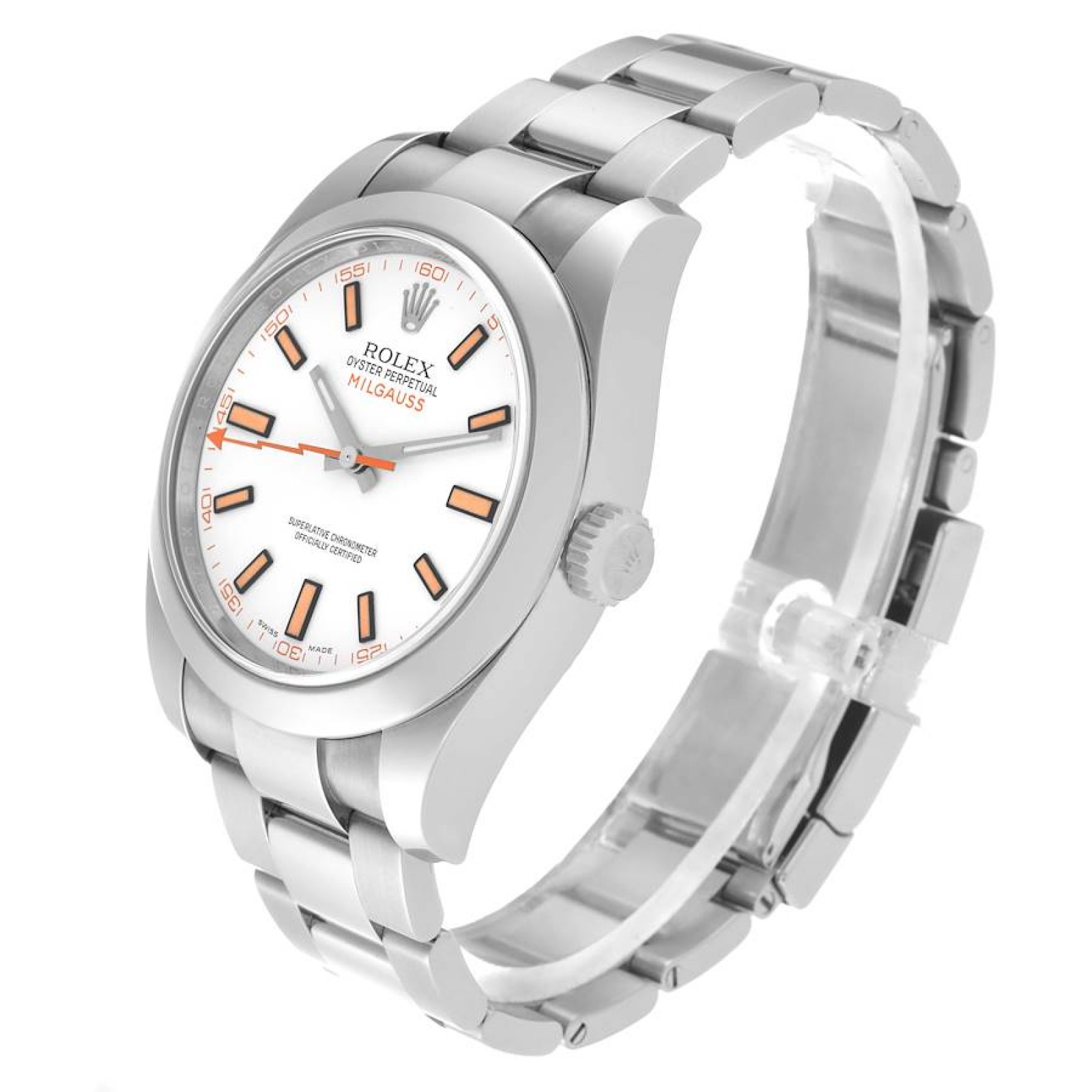 Rolex Milgauss White Dial Orange Markers Steel Mens Watch 116400