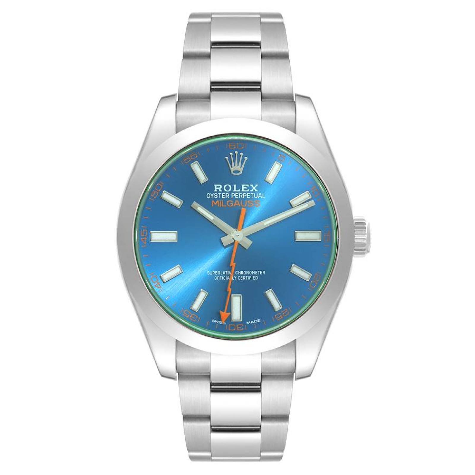 Rolex Milgauss Blue Dial Green Crystal Steel Mens Watch 116400GV