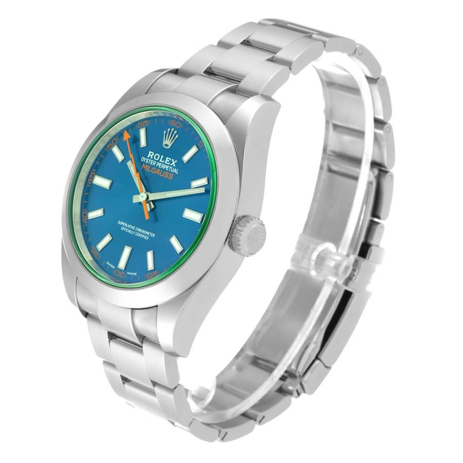 Rolex Milgauss Blue Dial Green Crystal Steel Mens Watch 116400GV