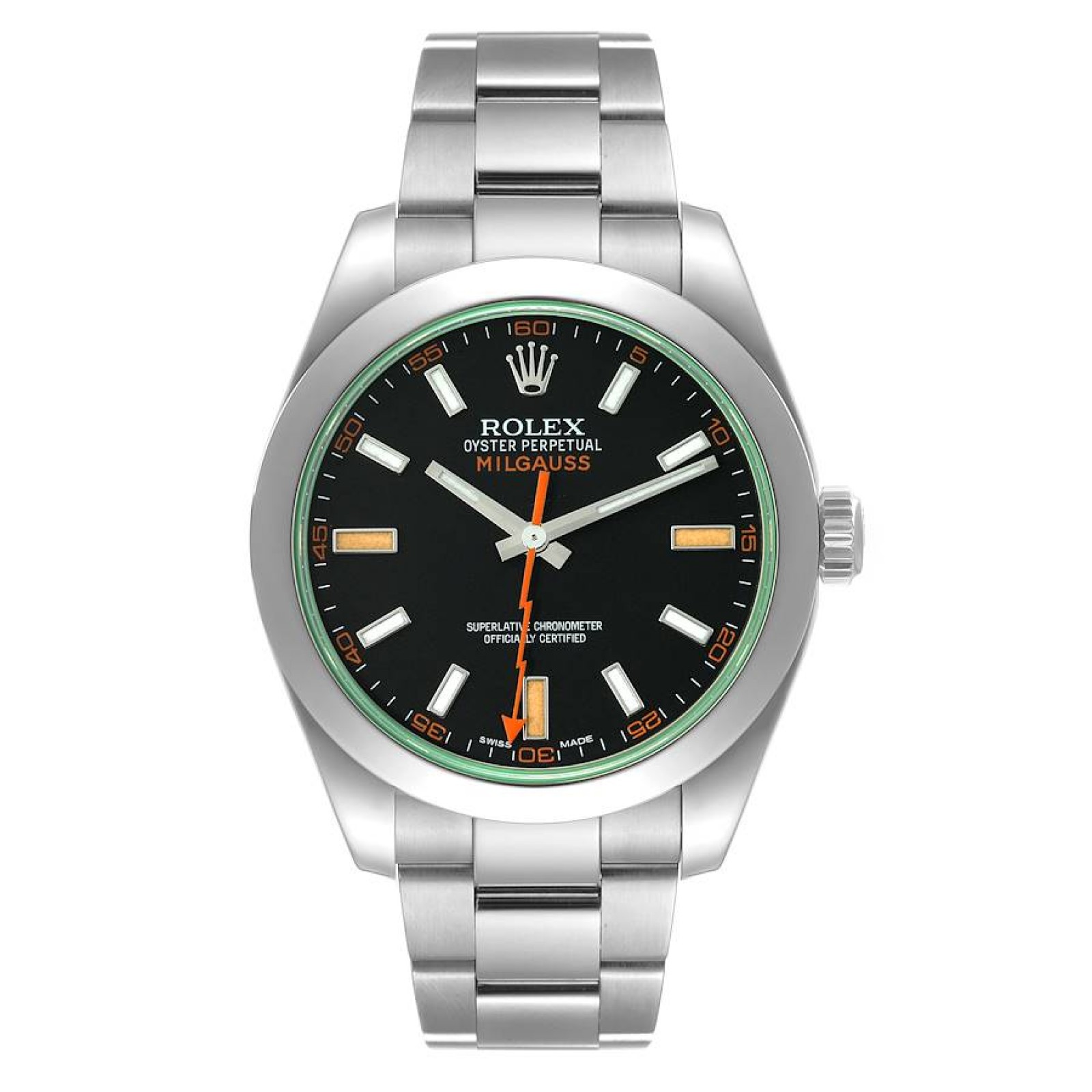 Rolex Milgauss Black Dial Green Crystal Steel Mens Watch 116400