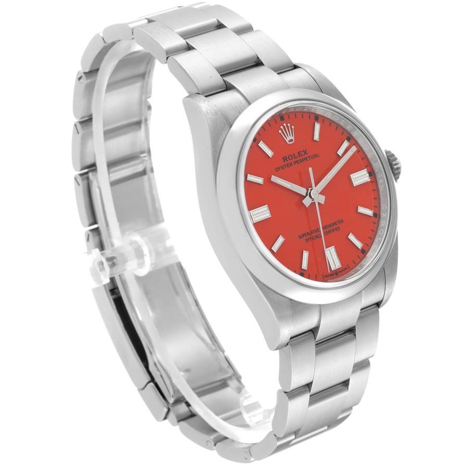 Rolex Oyster Perpetual Coral Red Dial Steel Mens Watch 126000