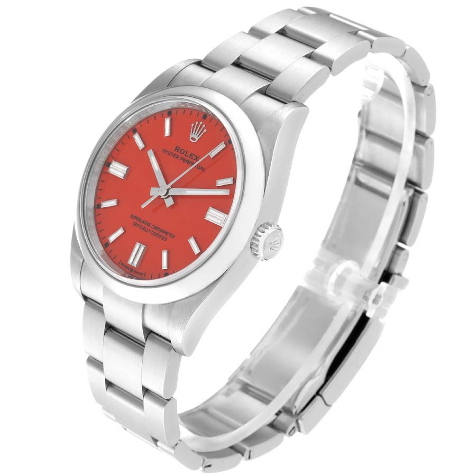 Rolex Oyster Perpetual Coral Red Dial Steel Mens Watch 126000