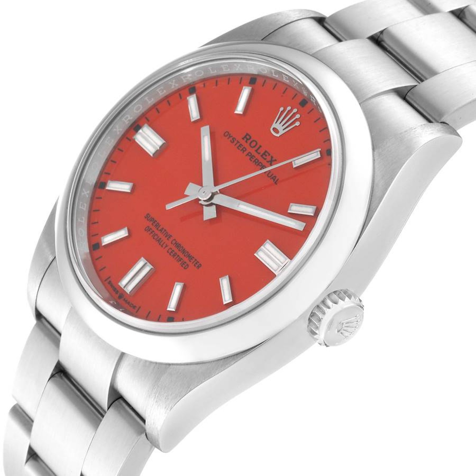 Rolex Oyster Perpetual Coral Red Dial Steel Mens Watch 126000