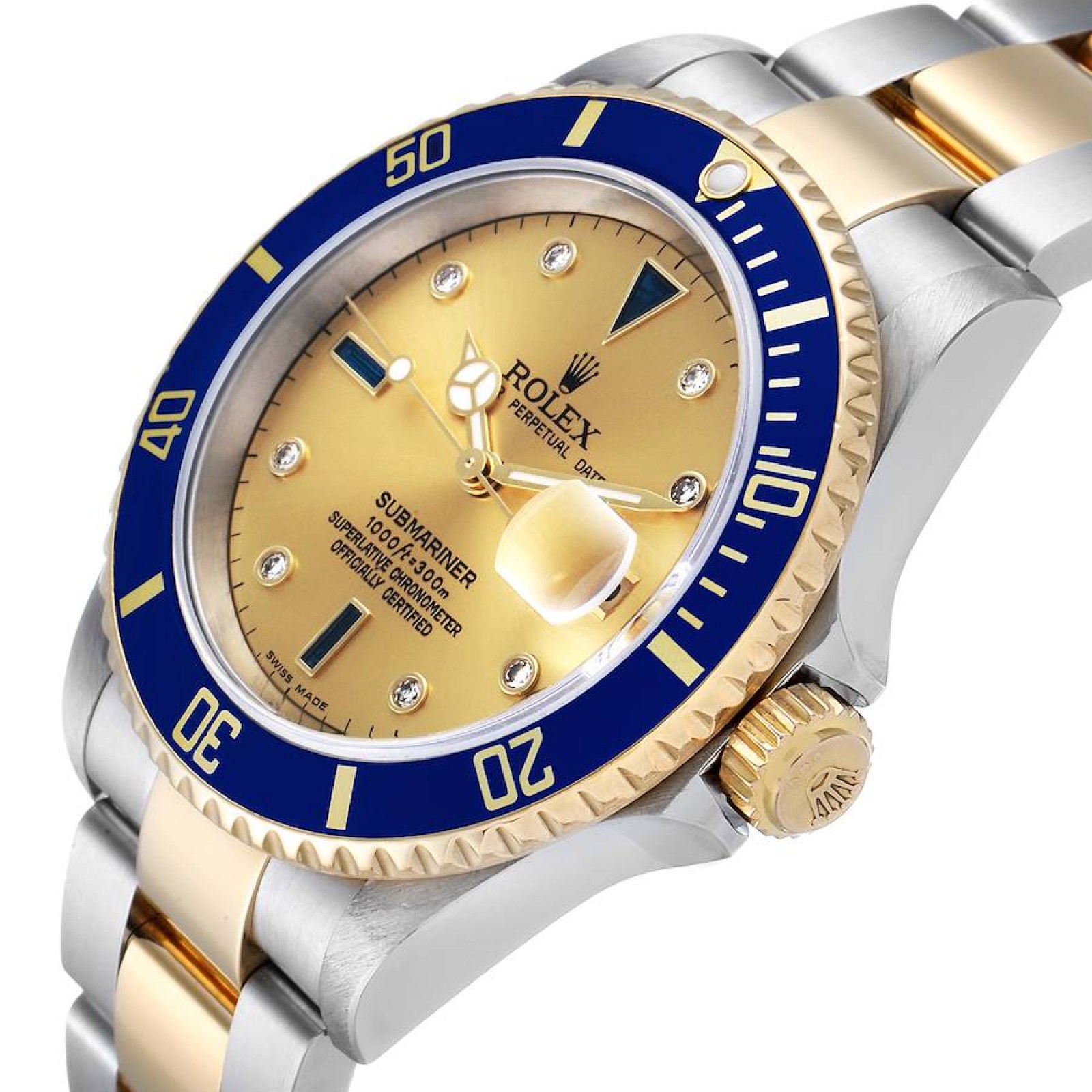 Rolex Submariner Steel Gold Diamond Sapphire Serti Dial Watch 16613