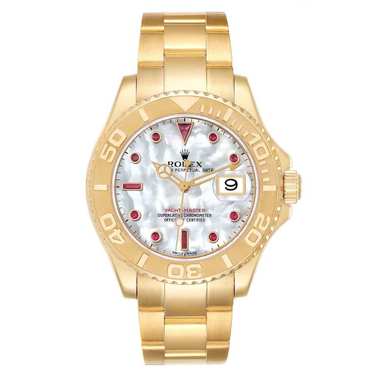 Rolex Yachtmaster Yellow Gold Mother of Pearl Ruby Serti Mens Watch 16628