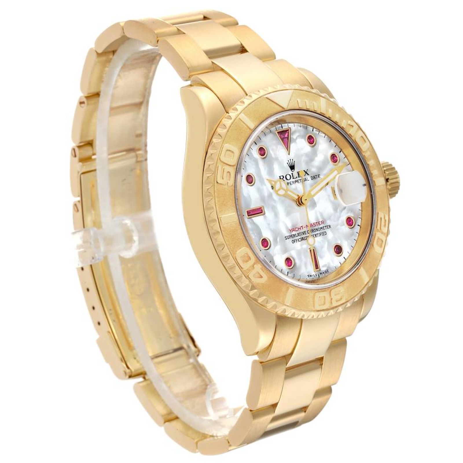 Rolex Yachtmaster Yellow Gold Mother of Pearl Ruby Serti Mens Watch 16628