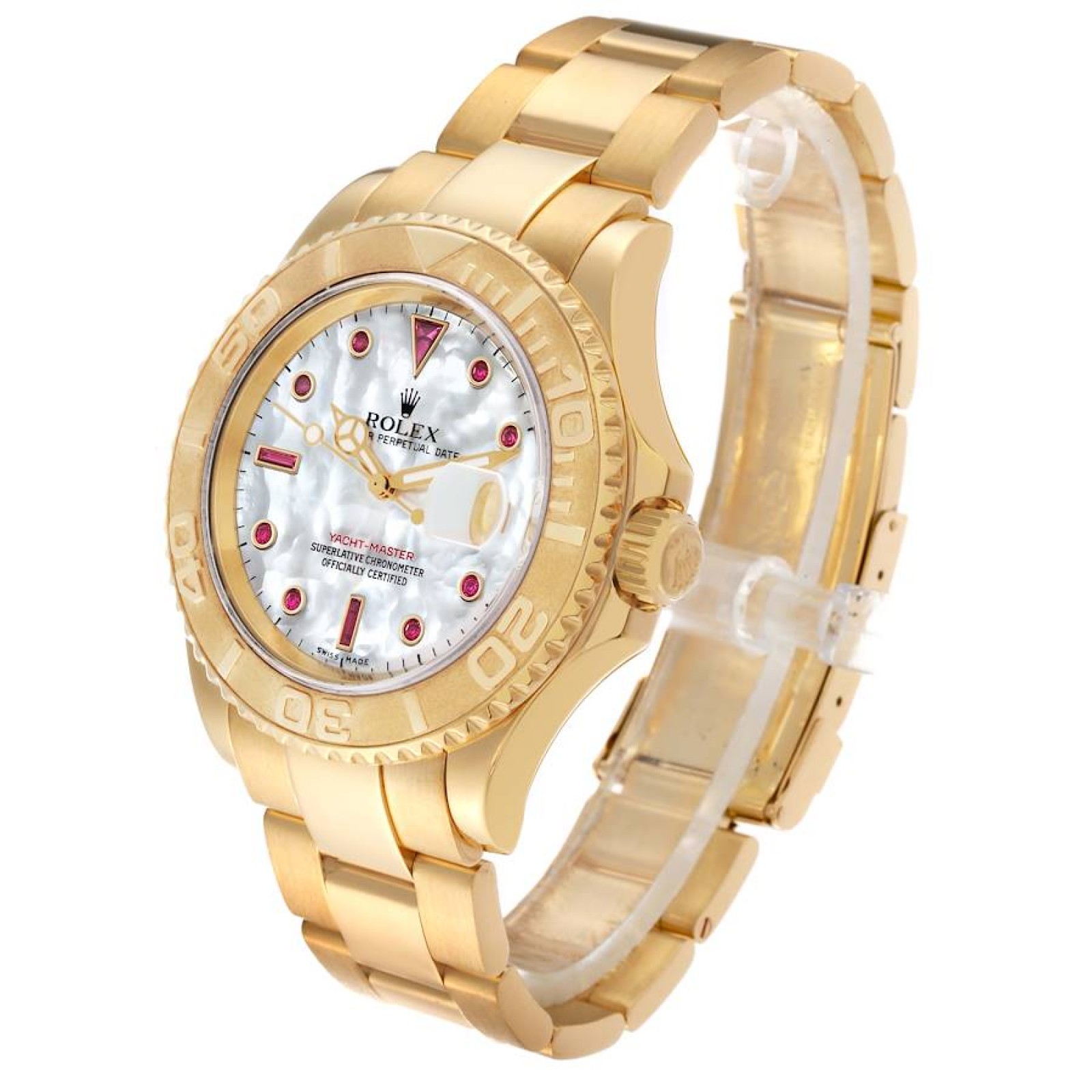 Rolex Yachtmaster Yellow Gold Mother of Pearl Ruby Serti Mens Watch 16628