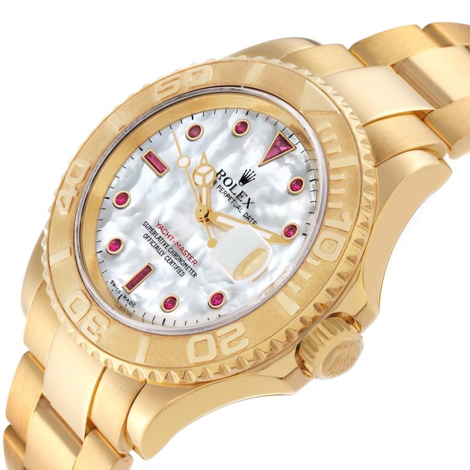 Rolex Yachtmaster Yellow Gold Mother of Pearl Ruby Serti Mens Watch 16628